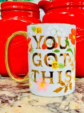 Rifle Paper Co. Floral Gold Handle Ceramic Coffee Mug 'You Got This'